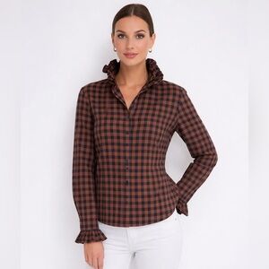 Tuckernuck‎ APOF Navy Plaid Ruffle High Neck Button Down Shirt Size XS